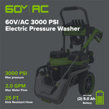 Corded/60V 3000-PSI 2.0 GPM Electric Pressure Washer: (2) 5.0Ah Batteries and Dual-Port Charger