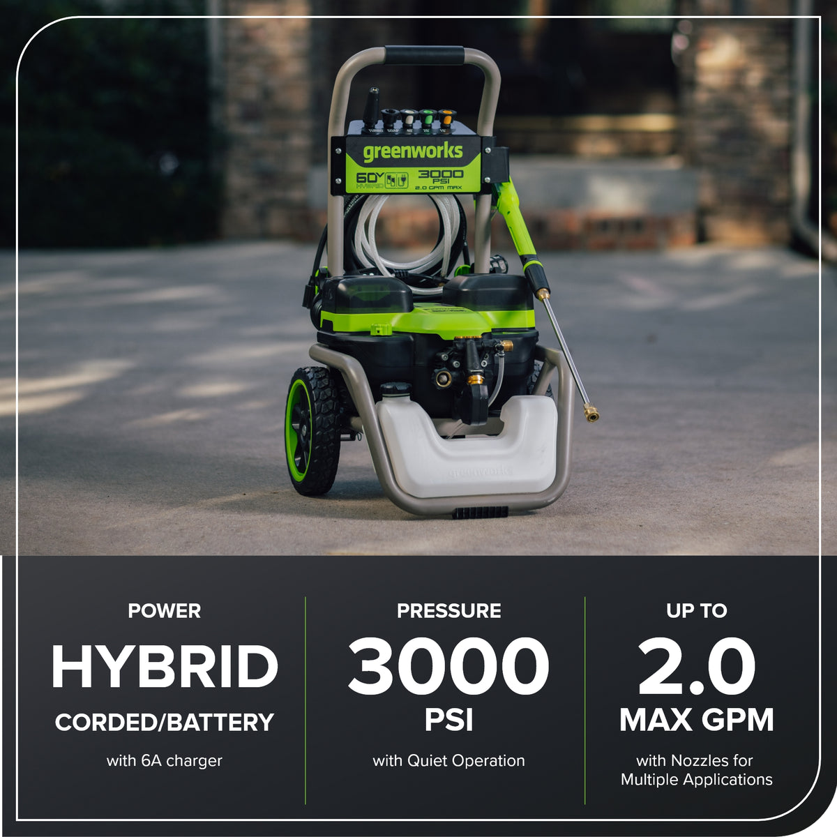 Corded/60V Hybrid 3000-PSI 2.0 GPM Electric Pressure Washer w/ (2) 5.0Ah Batteries & Dual-Port Charger