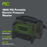 1900 PSI 1.2 GPM Portable Hand Carry Cold Water Electric Pressure Washer