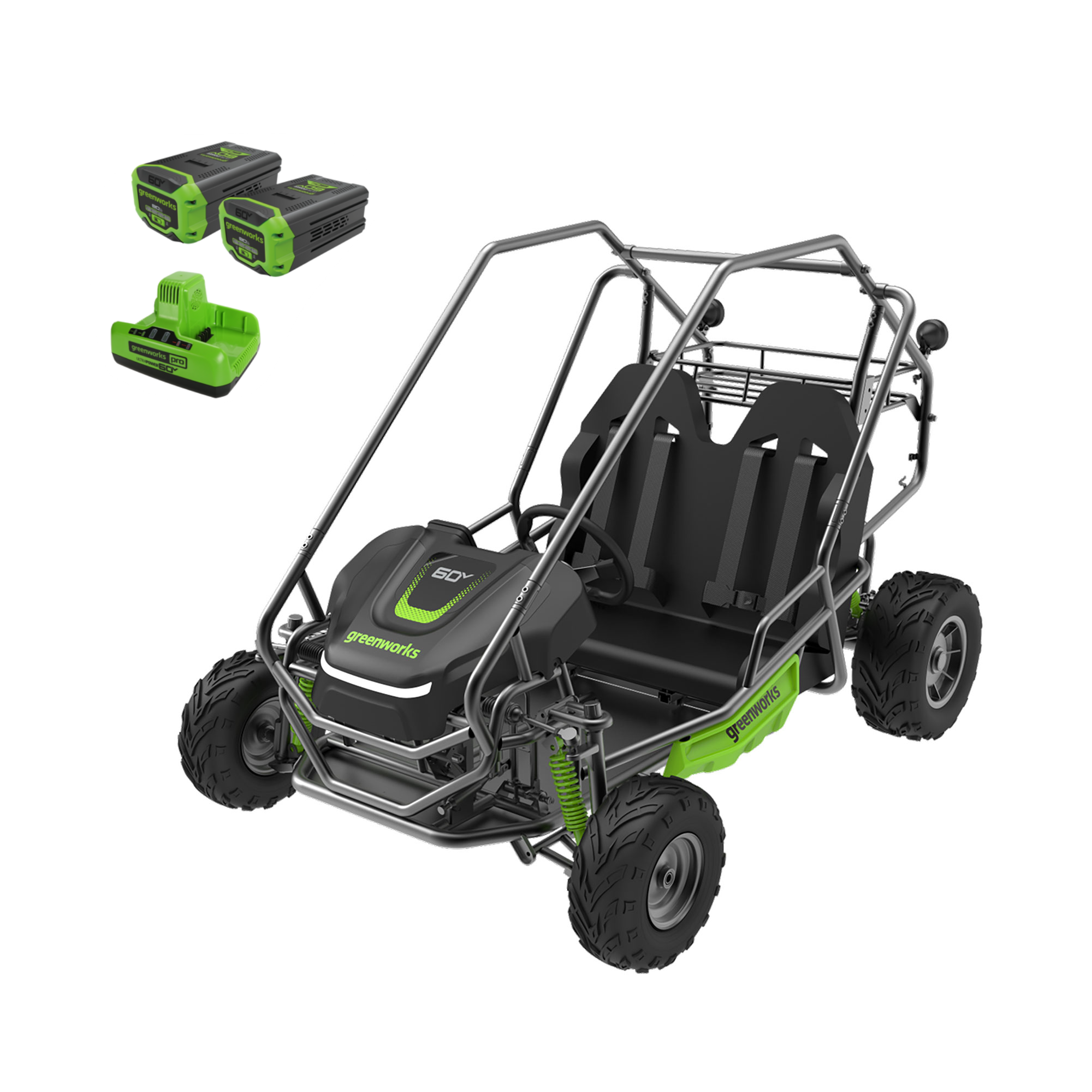 60V STEALTH Series All-Terrain 2-Seat Electric Youth Go-Kart w/ (2) 8Ah Batteries and Dual Port Charger