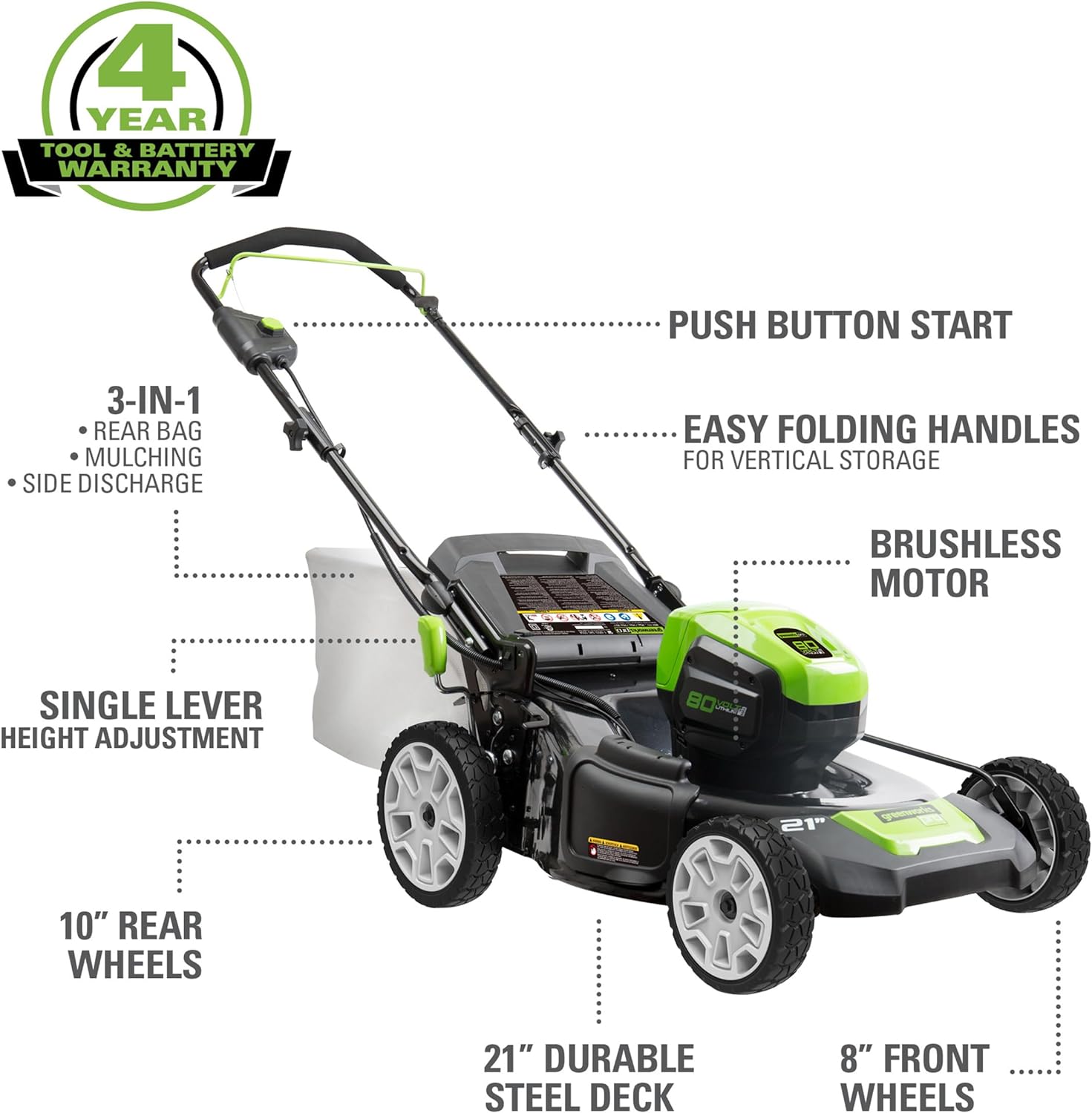 Greenworks 80V 21 Brushless Cordless (Push) Lawn Mower (75+ Compatible Tools), 5.0Ah Battery and Charger Included