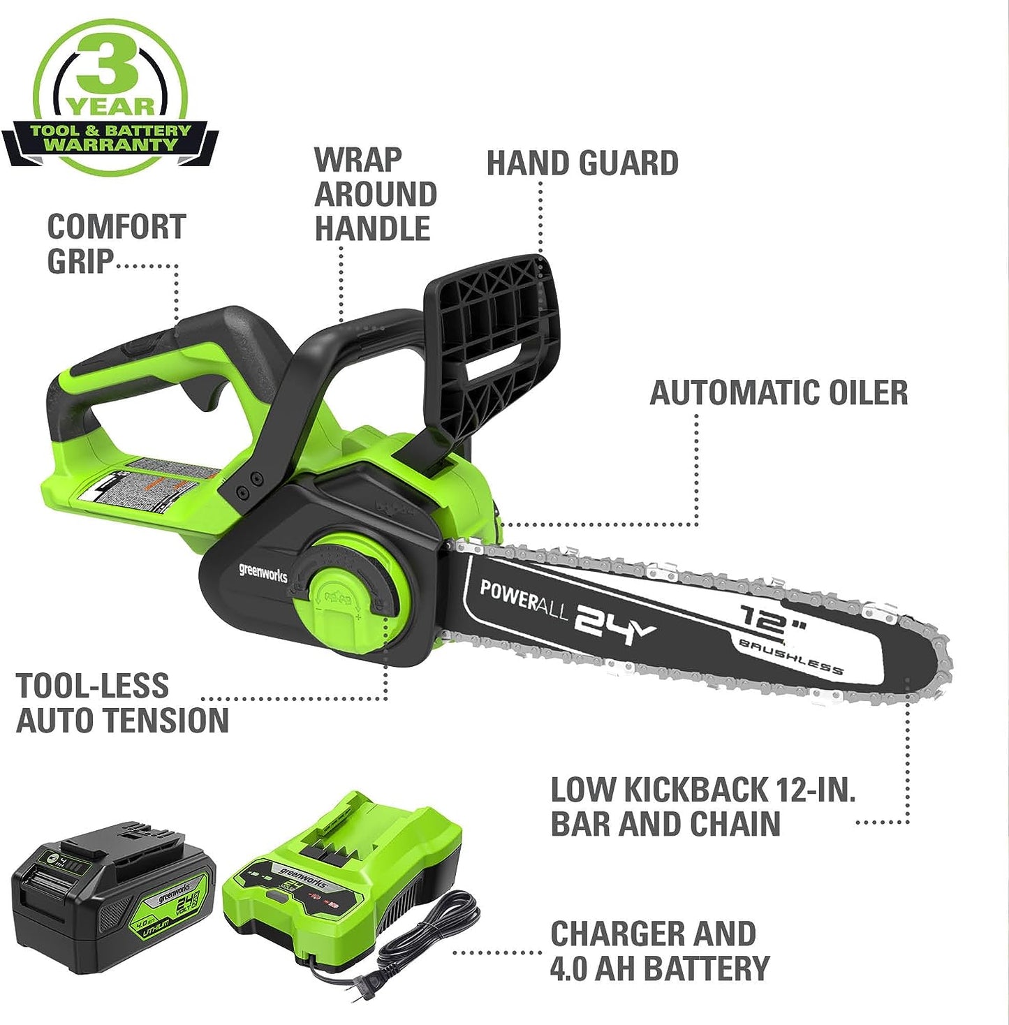 24V 12" Cordless Battery Chainsaw w/ 4.0Ah USB Battery & Charger