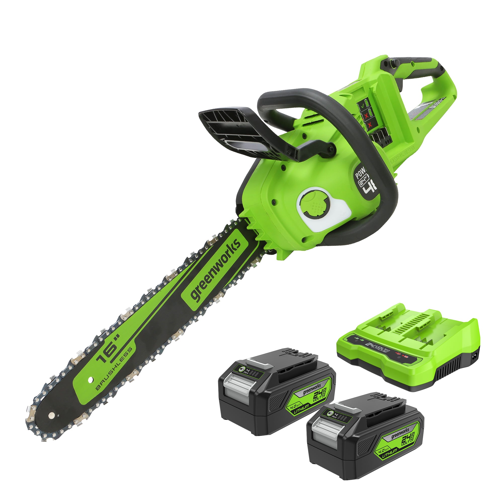 48V (24V x 2) 16" Cordless Battery Chainsaw w/ Two (2) 4.0Ah USB Batteries & Dual Port Charger