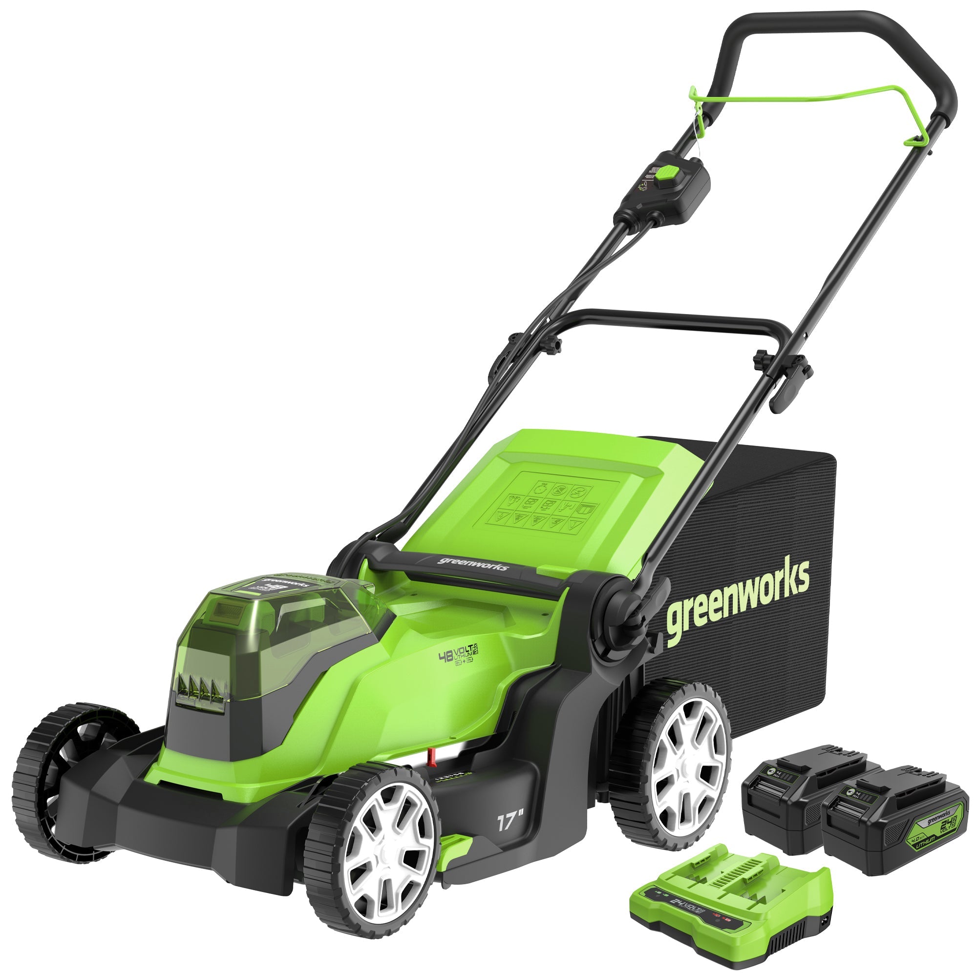 48V (24V x 2) 17" Cordless Battery Push Lawn Mower w/ Two (2) 4.0Ah USB Batteries & Dual Port Charger