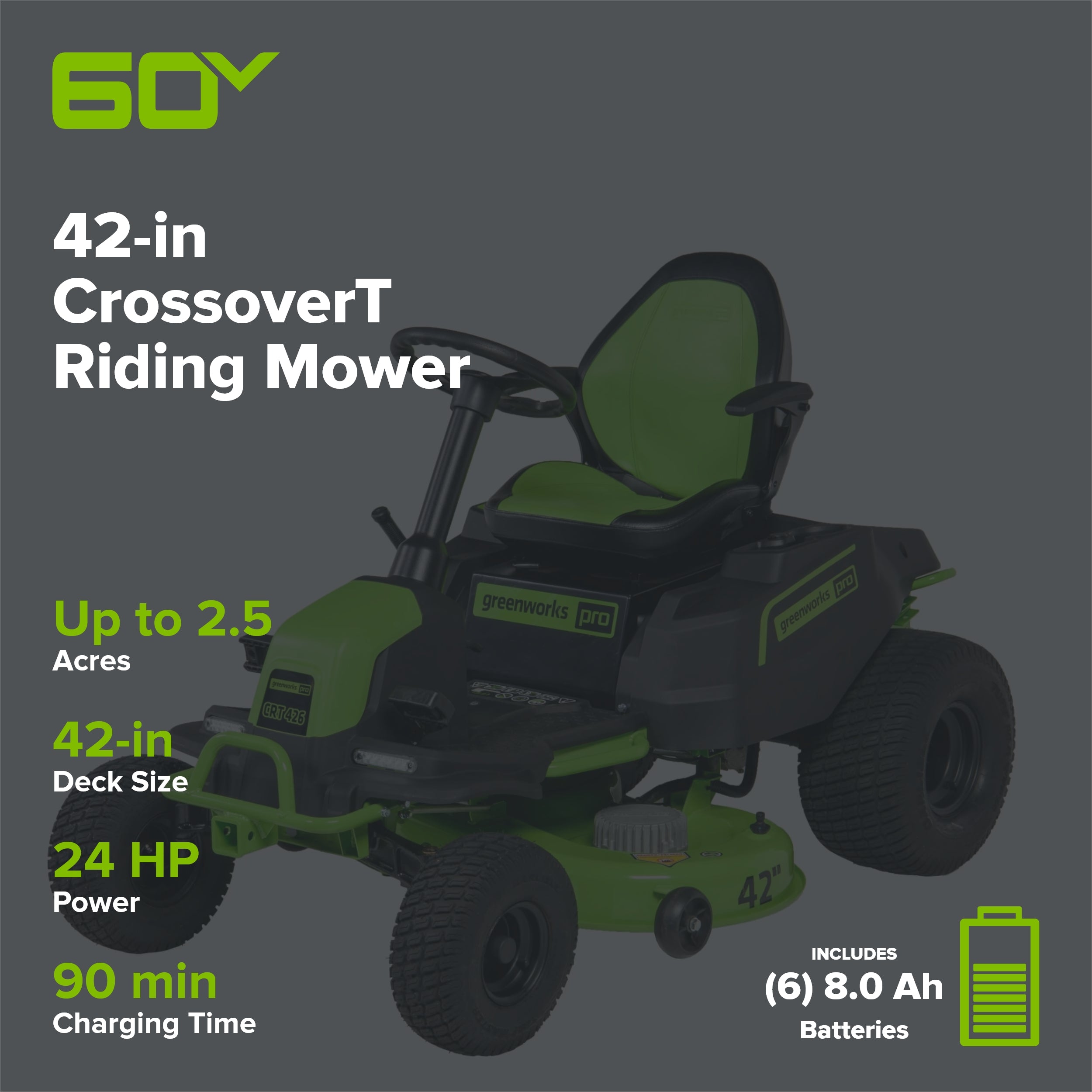 60V 42" Cordless Battery CrossoverT Riding Lawn Mower w/ Six (6) 8.0Ah Batteries and Three (3) Dual Port Turbo Chargers
