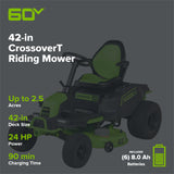 60V 42" Cordless Battery CrossoverT Riding Lawn Mower w/ Six (6) 8.0Ah Batteries and Three (3) Dual Port Turbo Chargers