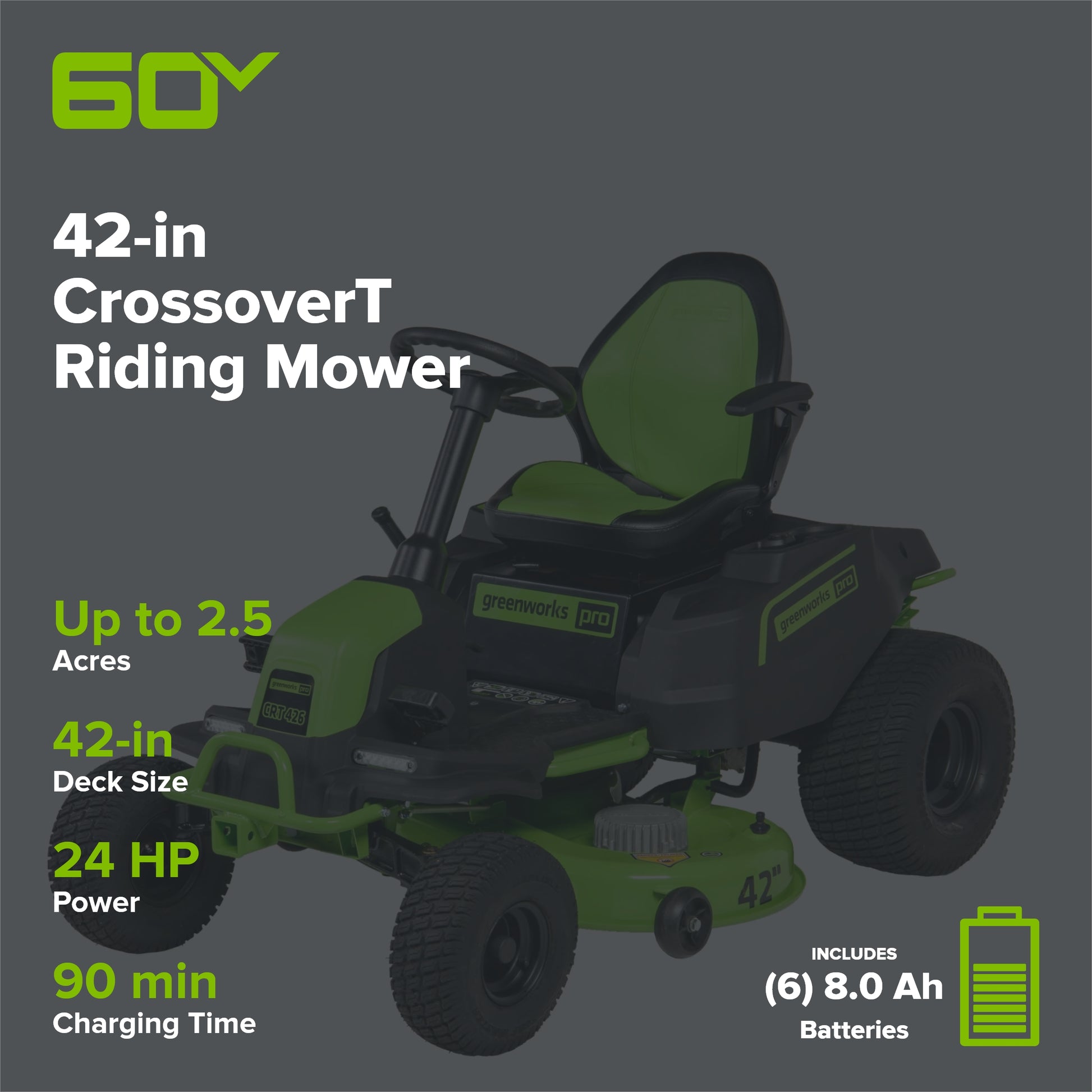 60V 42" Cordless Battery CrossoverT Riding Lawn Mower w/ Six (6) 8.0Ah Batteries and Three (3) Dual Port Turbo Chargers