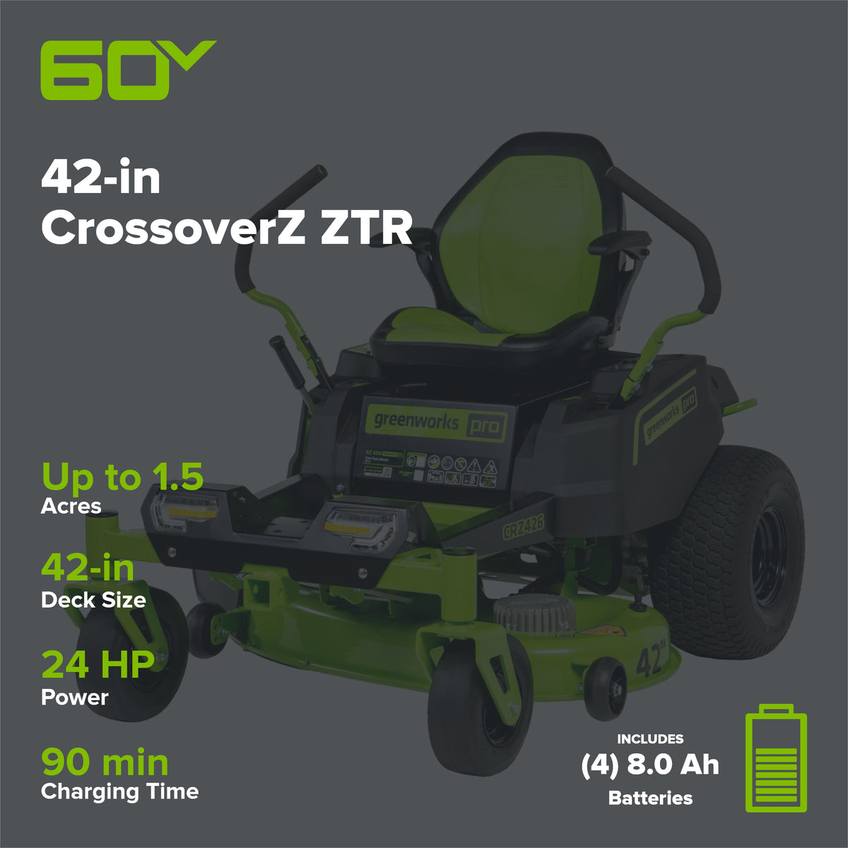 60V 42” Electric CrossoverZ Zero Turn Mower with (4) 8 Ah Batteries and (2) Dual Port Turbo Chargers