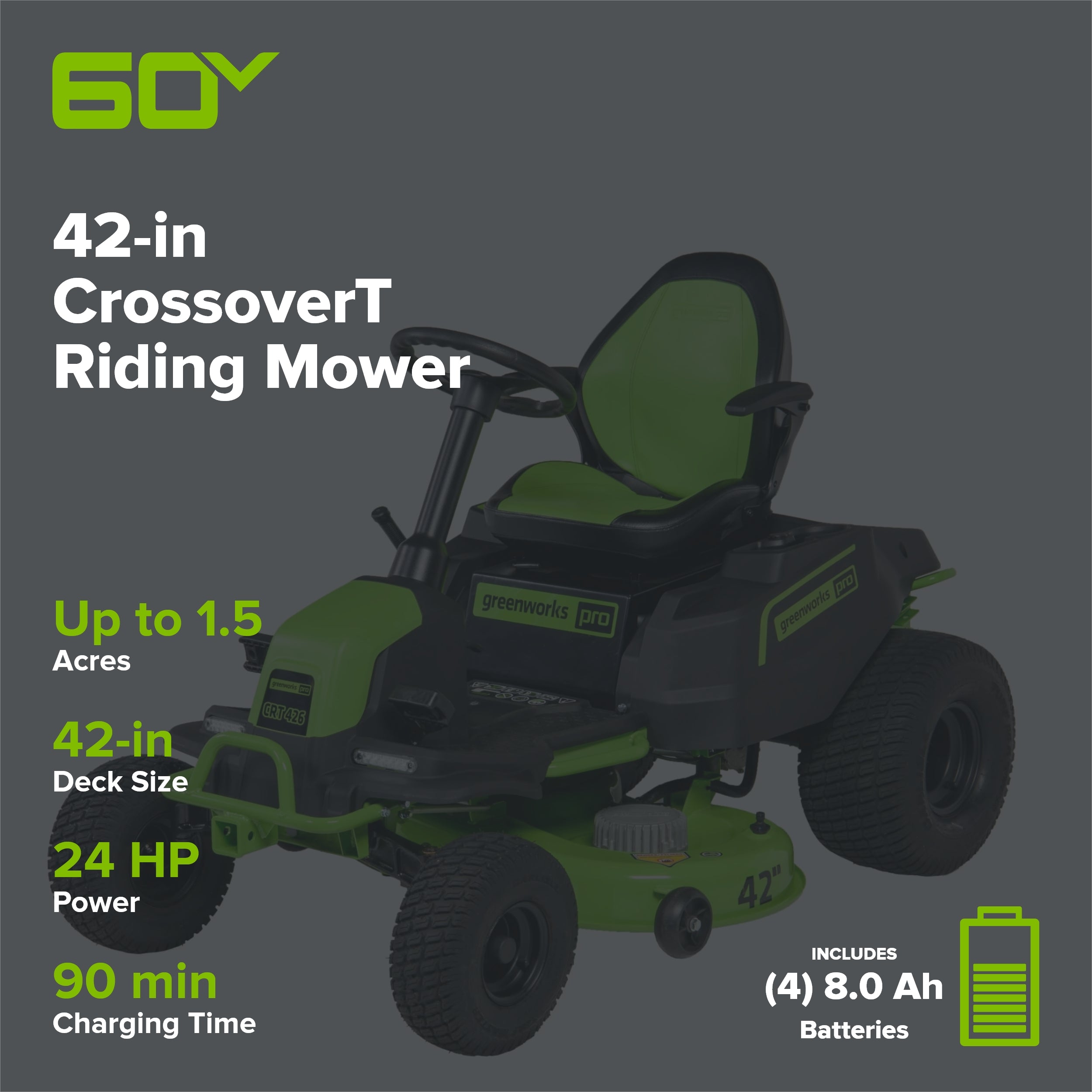 60V 42" Cordless Battery CrossoverT Riding Lawn Mower w/ Four (4) 8.0Ah Batteries and Two (2) Dual Port Turbo Chargers