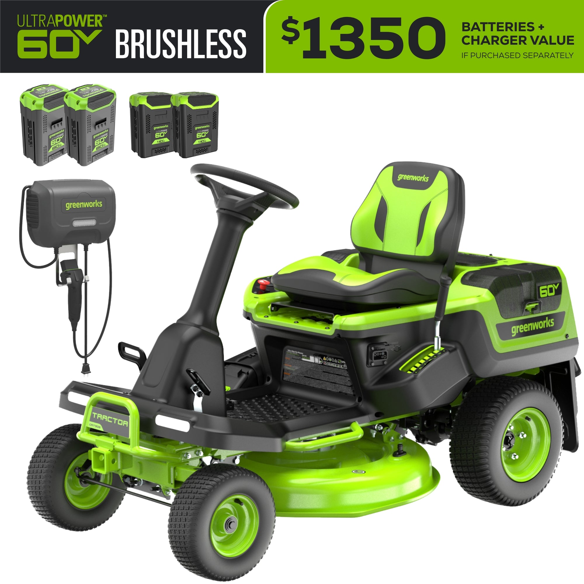 60V 30” CrossoverT Riding Lawn Tractor with (2) 8.0 Ah, (2) 4.0 Ah Batteries & 600-Watt Charger