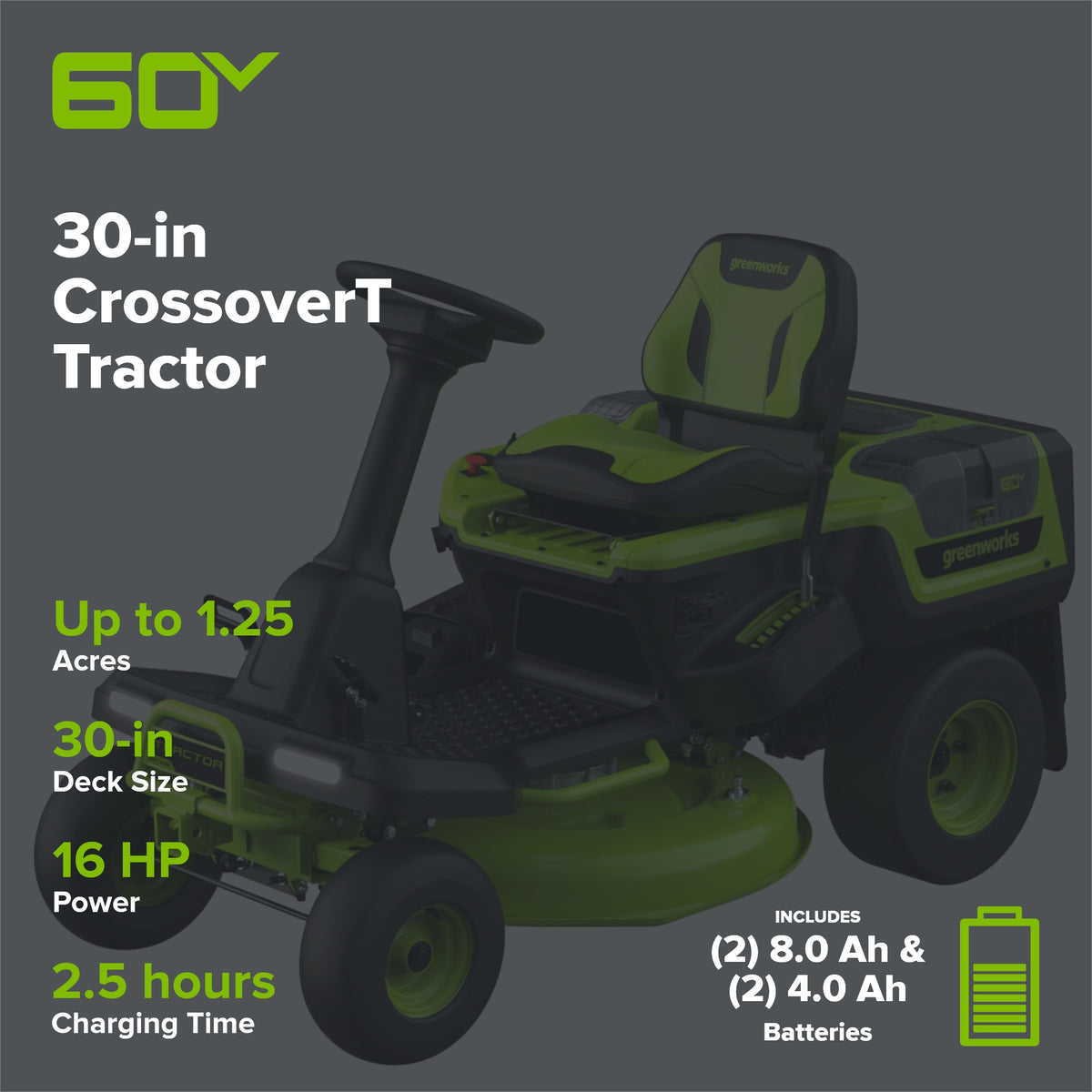 60V 30” Crossovert Riding Lawn Tractor With (2) 8.0 Ah, (2) 4.0 Ah ...