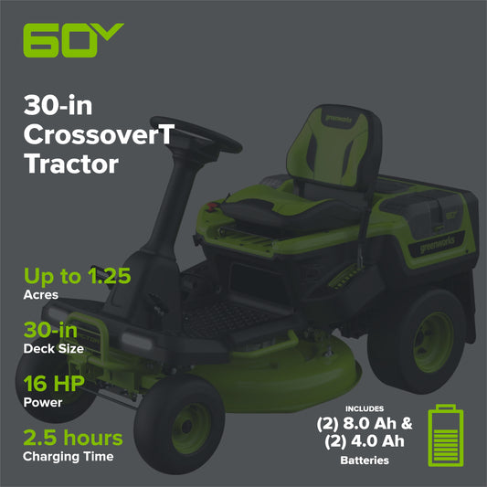 60V 30” CrossoverT Riding Lawn Tractor with (2) 8.0 Ah, (2) 4.0 Ah Batteries & 600-Watt Charger