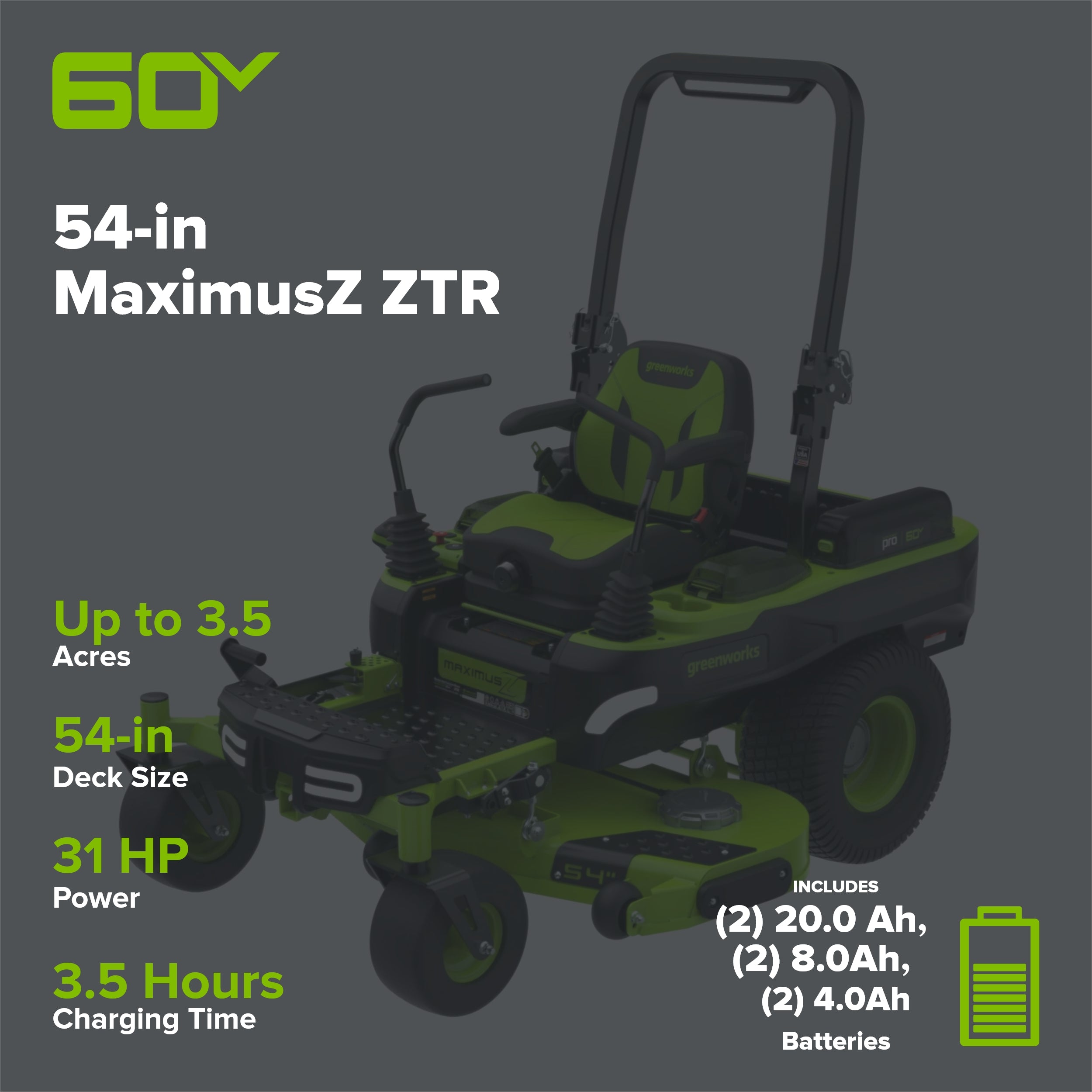 60V 54" MaximusZ Zero Turn Riding Mower: (2) 20.0 Ah (2) 8.0 Ah and (2) 4.0 Ah Batteries and 1.5kW Charger