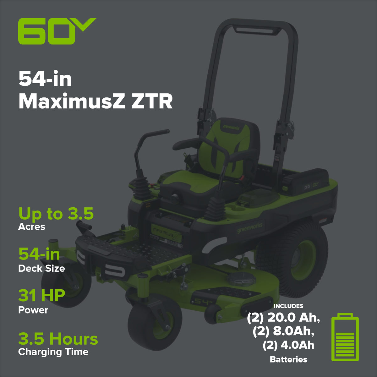 60V 54" MaximusZ Zero Turn Riding Mower with (2) 20.0 Ah, (2) 8.0 Ah & (2) 4.0 Ah Batteries and 1.5kW Charger