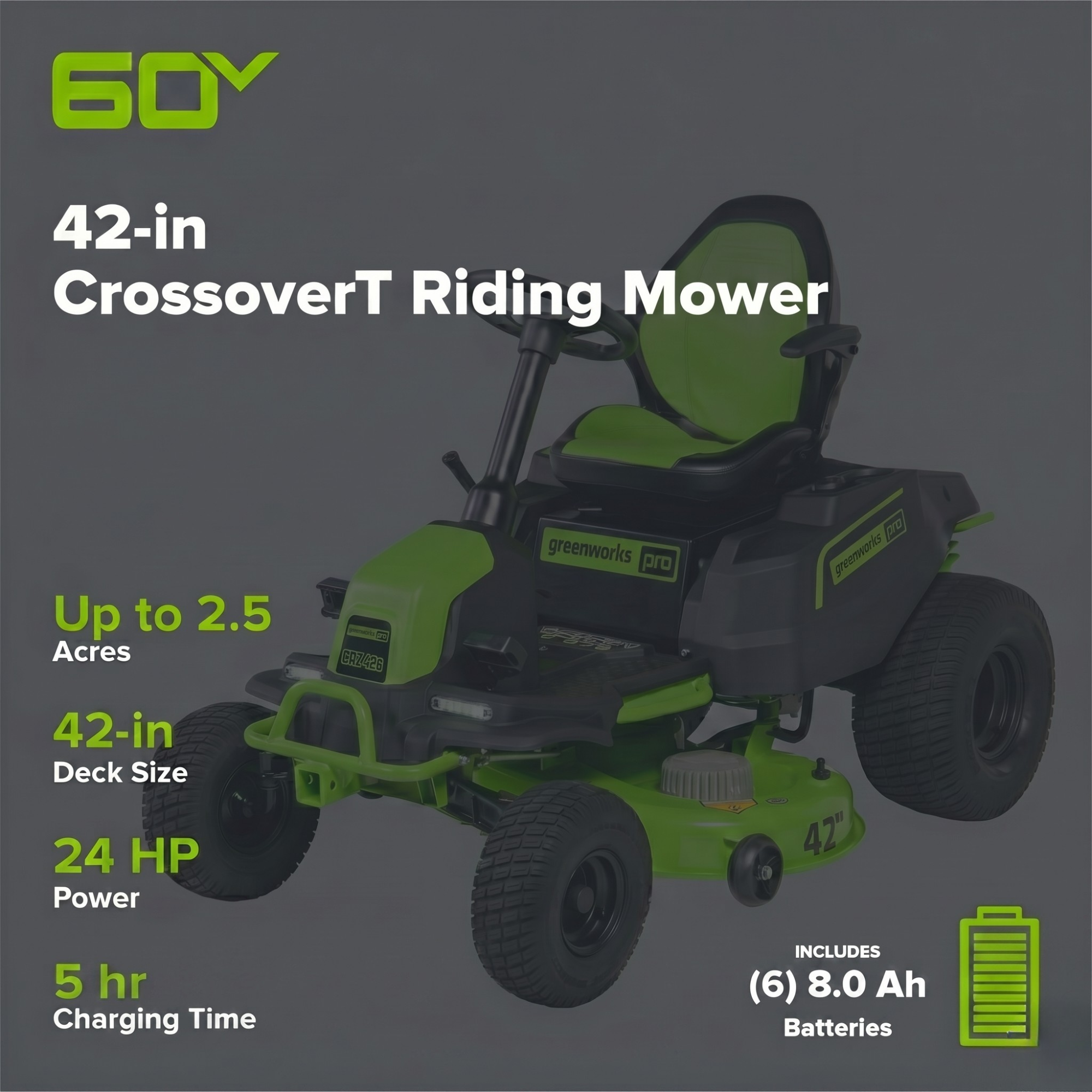 60V 42" Cordless Battery CrossoverT Riding Lawn Mower, (6) 8.0 Ah Batteries and 600W Wall Charger
