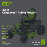 60V 42" Cordless Battery CrossoverT Riding Lawn Mower, (6) 8.0 Ah Batteries and 600W Wall Charger