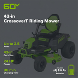 60V 42" Cordless Battery CrossoverT Riding Lawn Mower, (6) 8.0 Ah Batteries and 600W Wall Charger