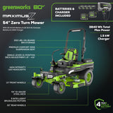 80V 54" MaximusZ Zero Turn Riding Mower with (2) 16.0 Ah & (4) 4.0 Ah Batteries and 1.5kW Charger
