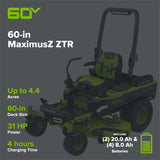 60V 60" MaximusZ Zero Turn: (2) 20.0 Ah, (4) 8.0 Ah Batteries and 1.5kW Charger