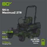 80V 54" MaximusZ Zero Turn Riding Mower with (2) 16.0 Ah & (1) 4.0 Ah Batteries and 1.5kW Charger