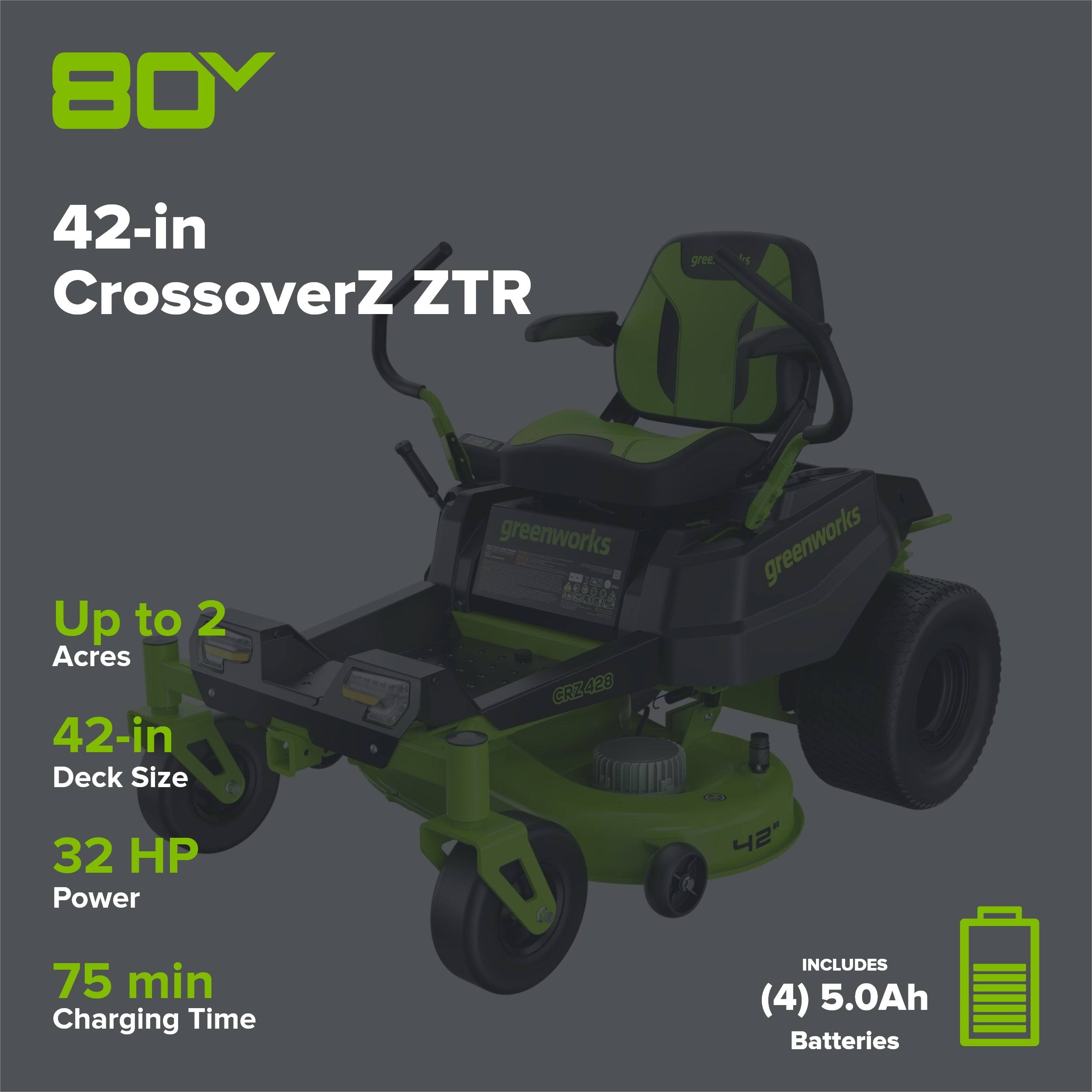 80V 42" Cordless Battery CrossoverZ Zero Turn Lawn Mower w/ (4) 5Ah Batteries & (3) Dual Port Chargers
