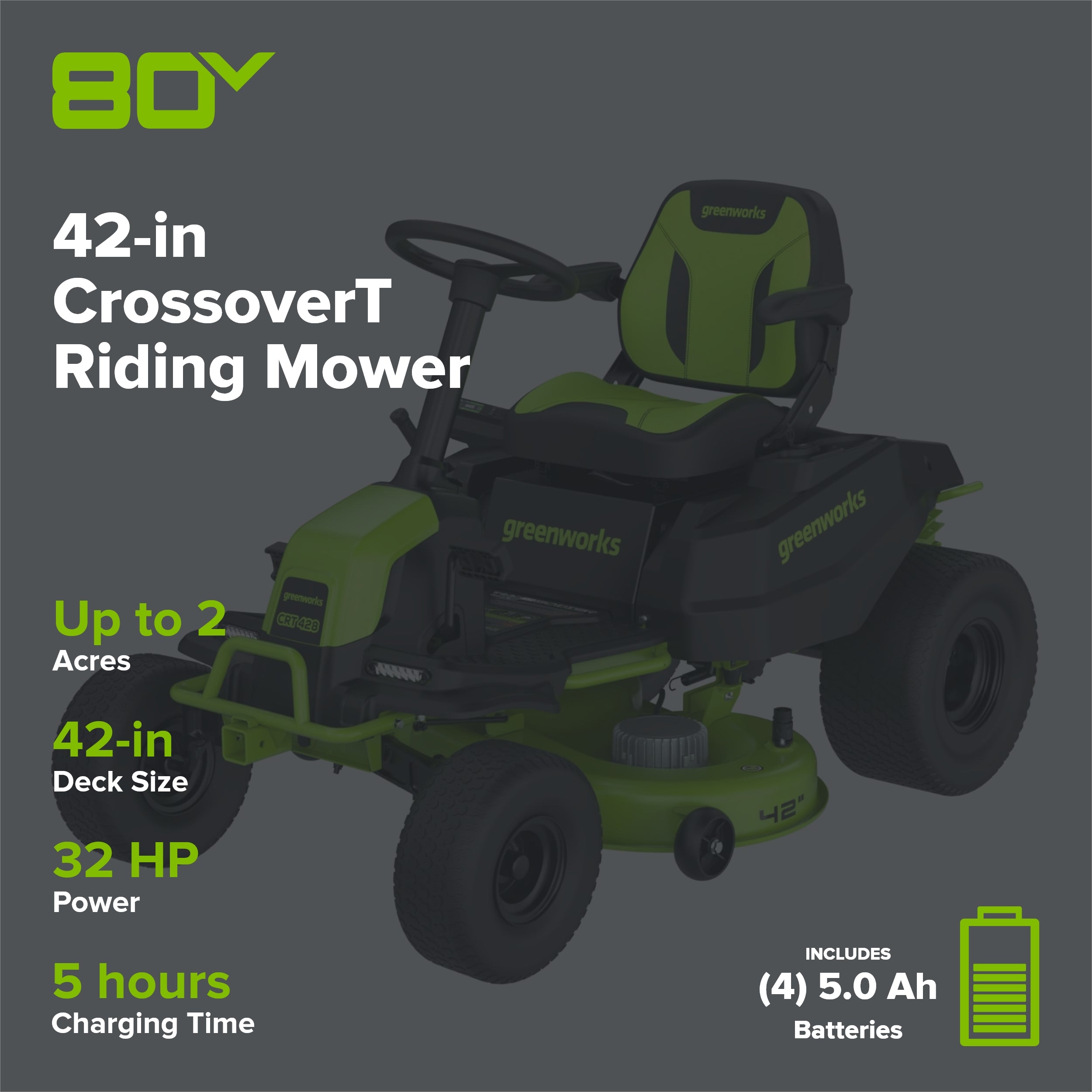 80V 42" Cordless Battery CrossoverT Riding Lawn Mower w/ Four (4) 5.0Ah Batteries & 600W Wall Charger