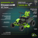 80V 42" Cordless Battery CrossoverT Riding Lawn Mower w/ Four (4) 5.0Ah Batteries & 600W Wall Charger