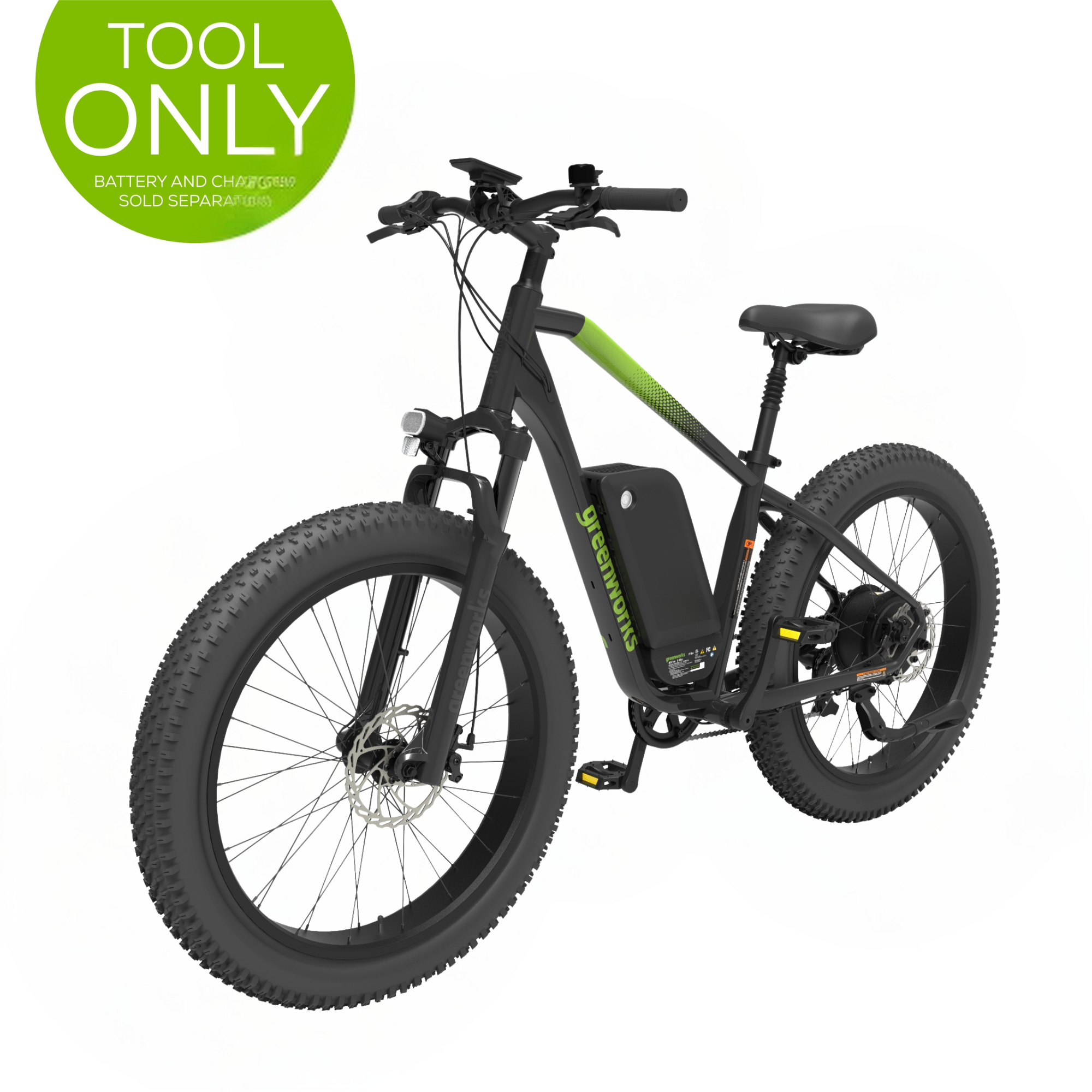 fat tire mountainbike Greenworks 60V Electric Mountain Bike for Adults & Teens, 26 inch Fat Tires, 7-Speed, Green (No Battery)