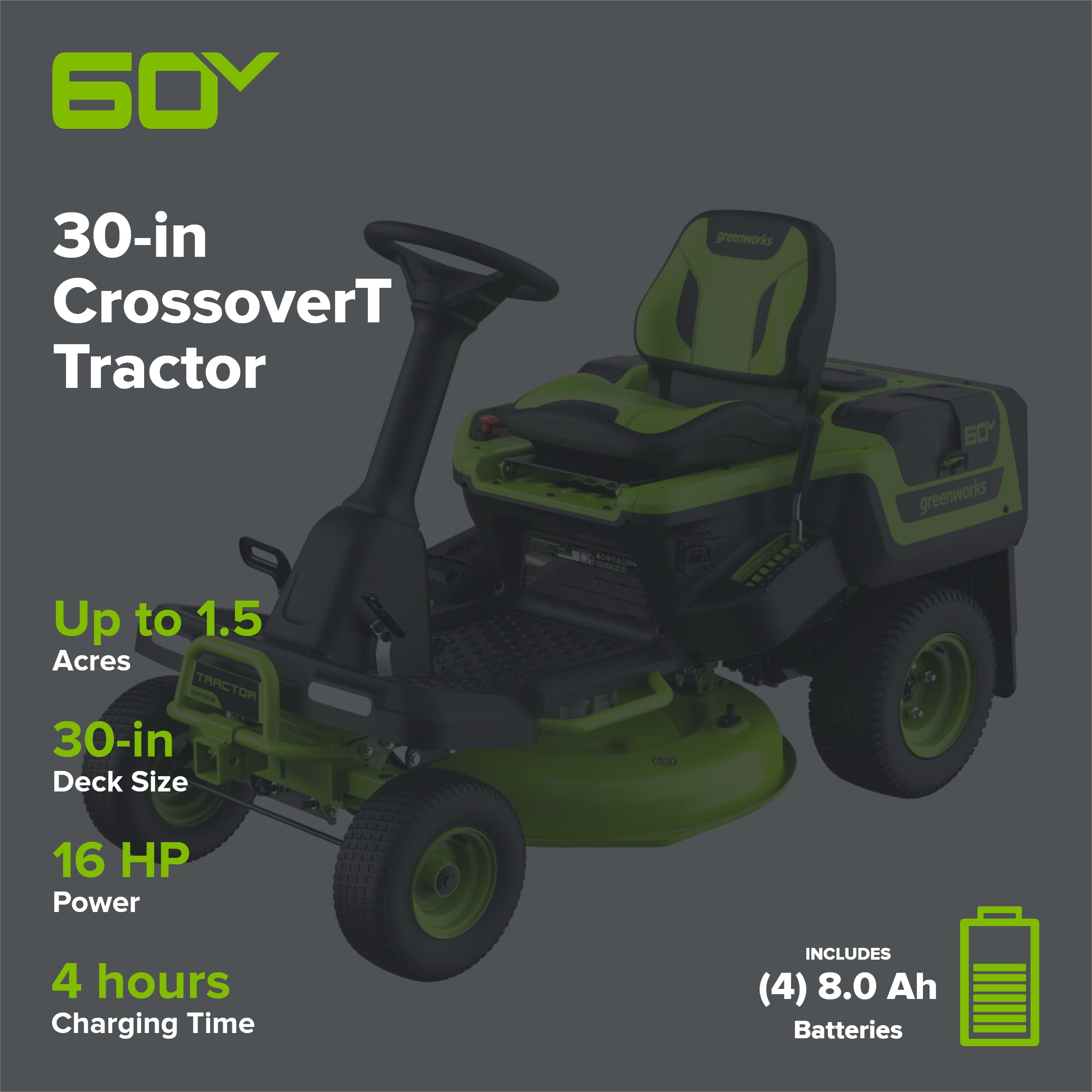 60V 30" CrossoverT Riding Lawn Tractor with (4) 8.0 Ah Batteries and 600-Watt Charger