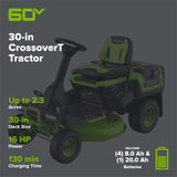 60V 30” CrossoverT Riding Lawn Tractor, Bagger Included w/ (4) 8.0Ah (1) 20.0Ah Batteries & 600-Watt Charger