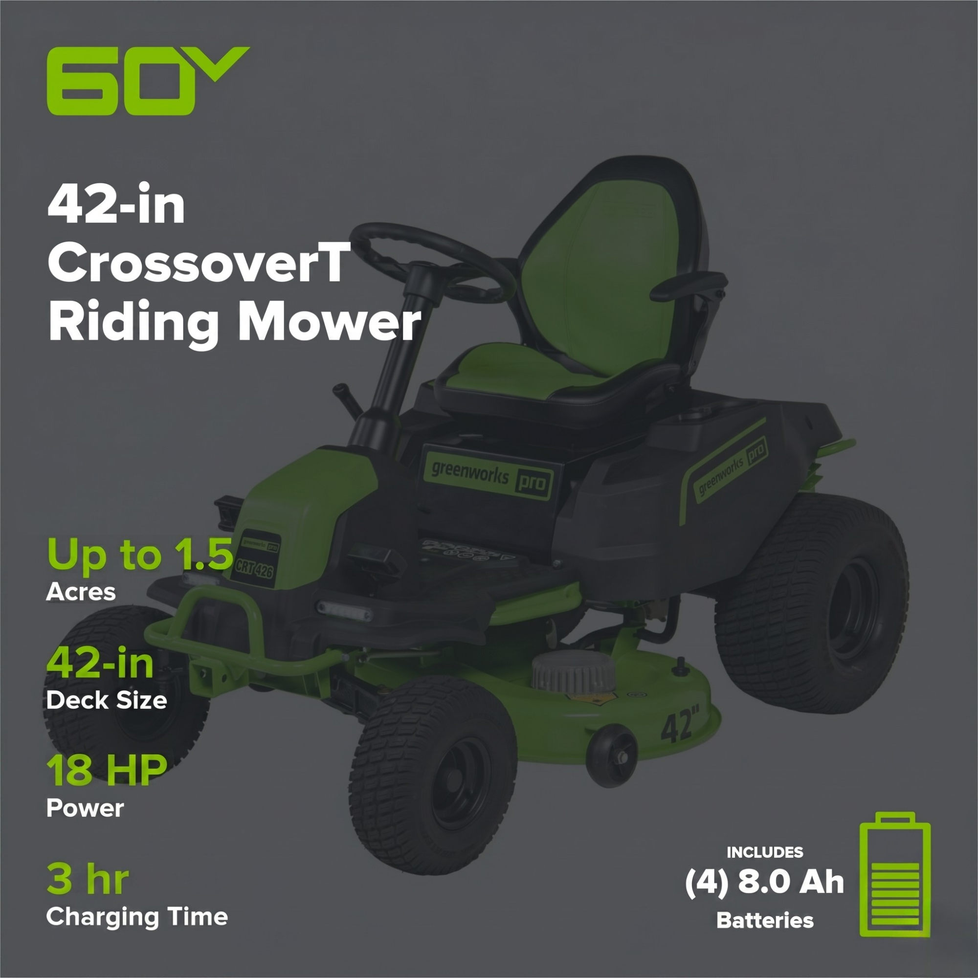 60V 42" Cordless Battery CrossoverT Riding Lawn Mower, (4) 8.0 Ah Batteries and 600W Wall Charger
