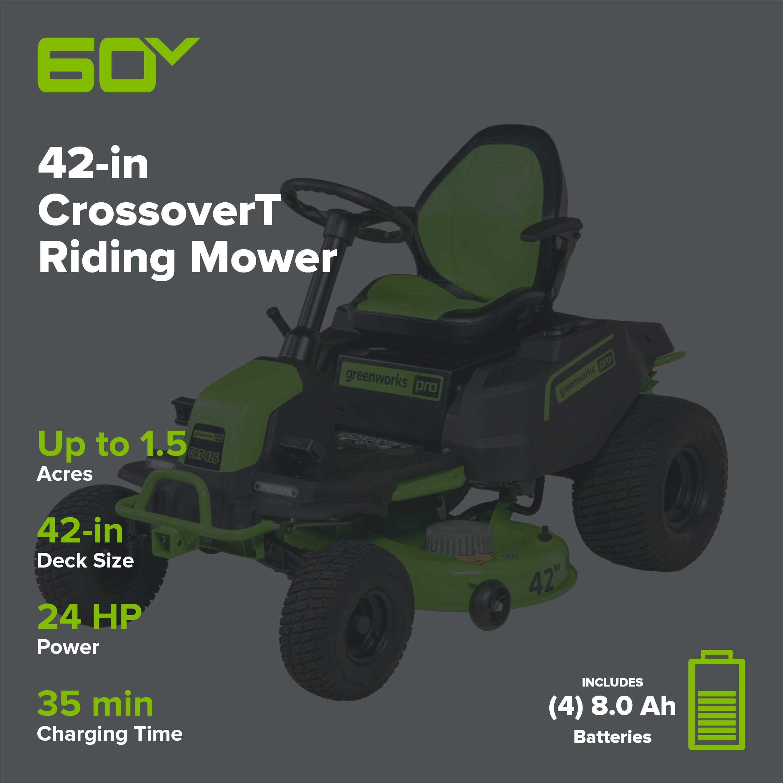 60V 42" Cordless Battery CrossoverT Riding Lawn Mower, (4) 8.0 Ah Batteries and (2) Dual-Port Turbo Chargers
