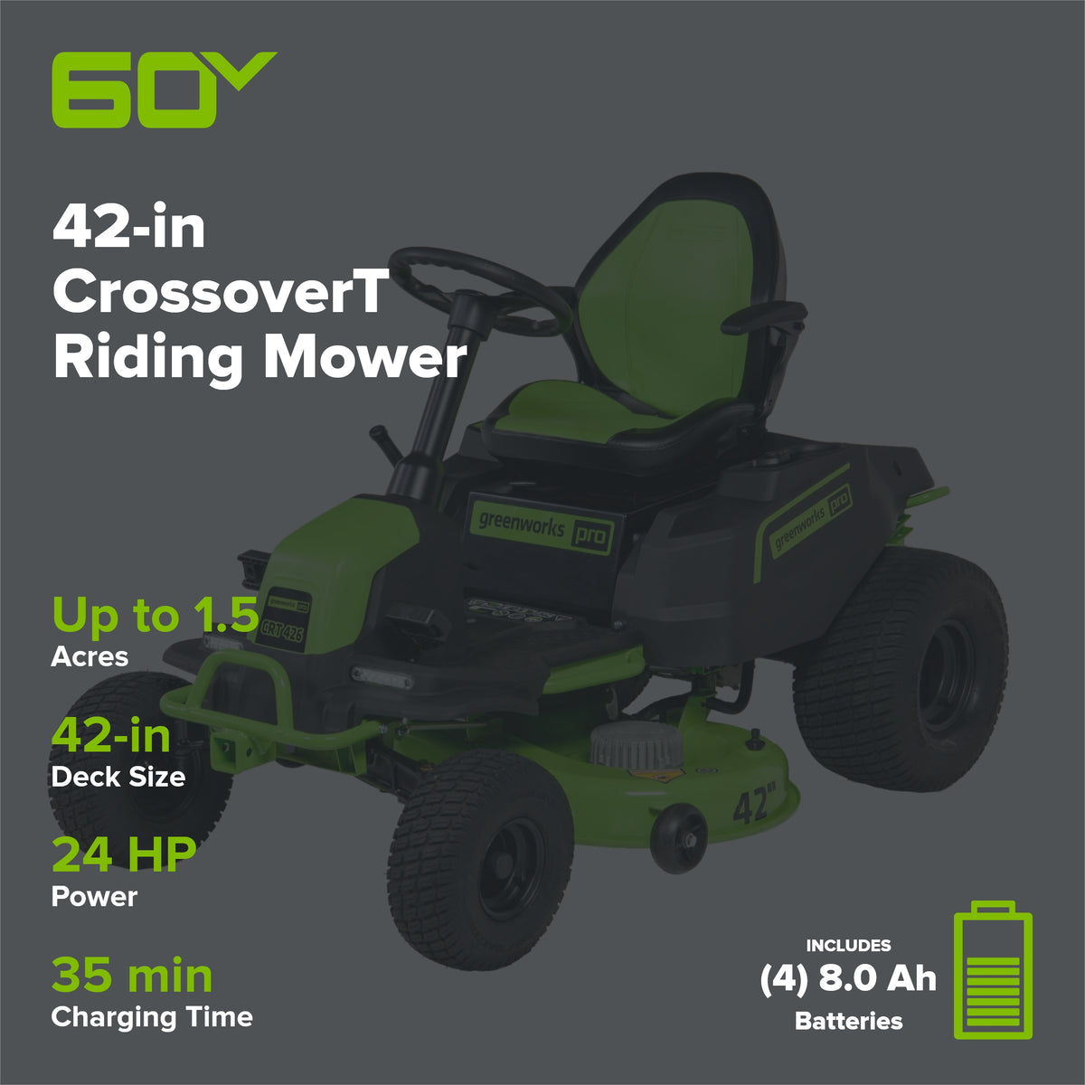 60V 42" Cordless Battery CrossoverT Riding Lawn Mower, (4) 8.0 Ah Batteries and (2) Dual-Port Turbo Chargers