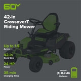 60V 42" Cordless Battery CrossoverT Riding Lawn Mower, (4) 8.0 Ah Batteries and (2) Dual-Port Turbo Chargers
