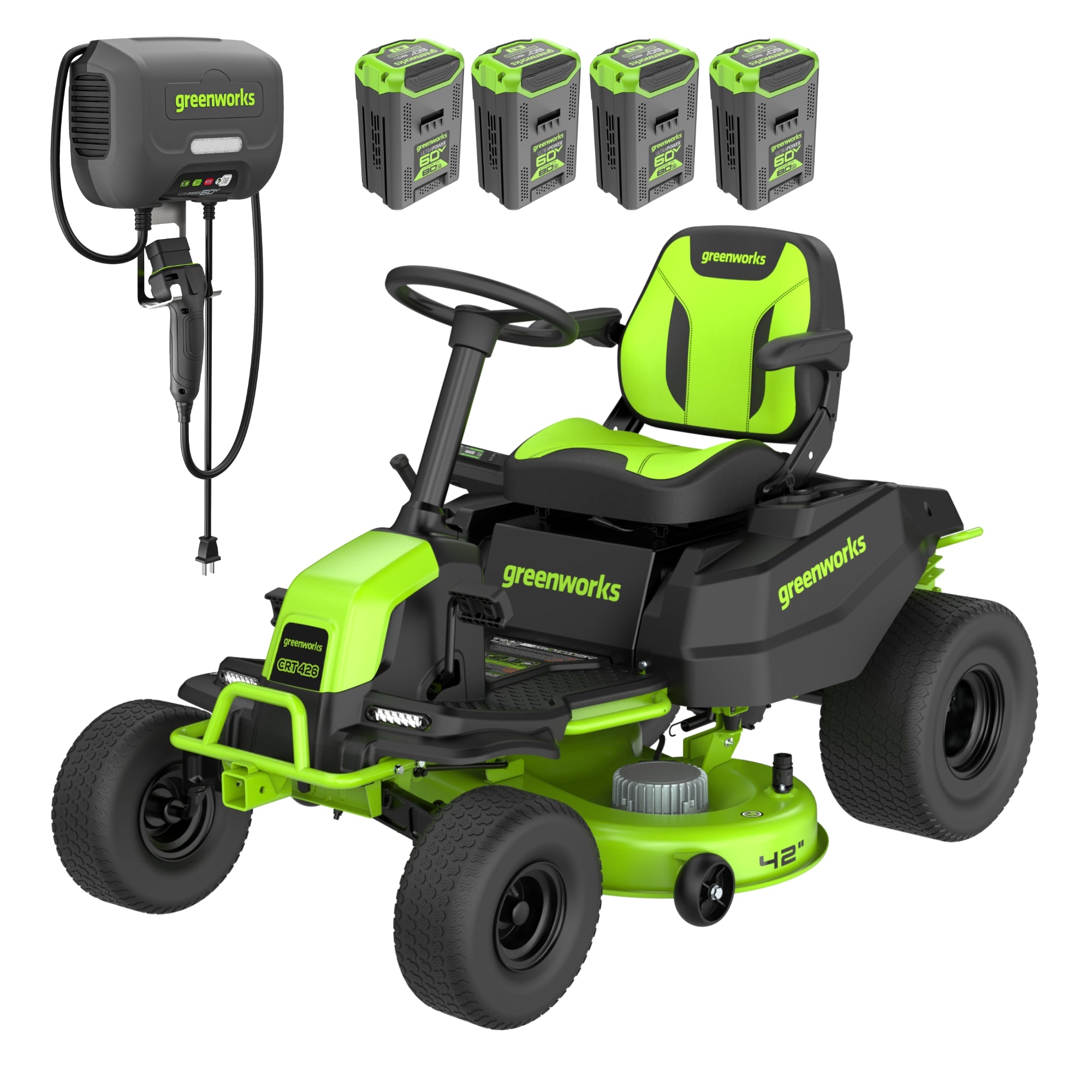 60V 42" Cordless Battery CrossoverT Riding Lawn Mower, (4) 8.0 Ah Batteries and 600W Wall Charger