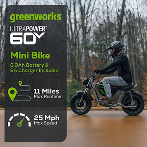60V STEALTH Series Electric Mini-Bike: (1) 8.0 Ah Batteries and Charger