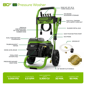 80V 3000-PSI 2.0 GPM Electric Pressure Washer (Tool Only