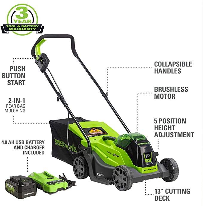 24V 13" Cordless Battery BL Push Lawn Mower w/ 4.0Ah Battery & Charger