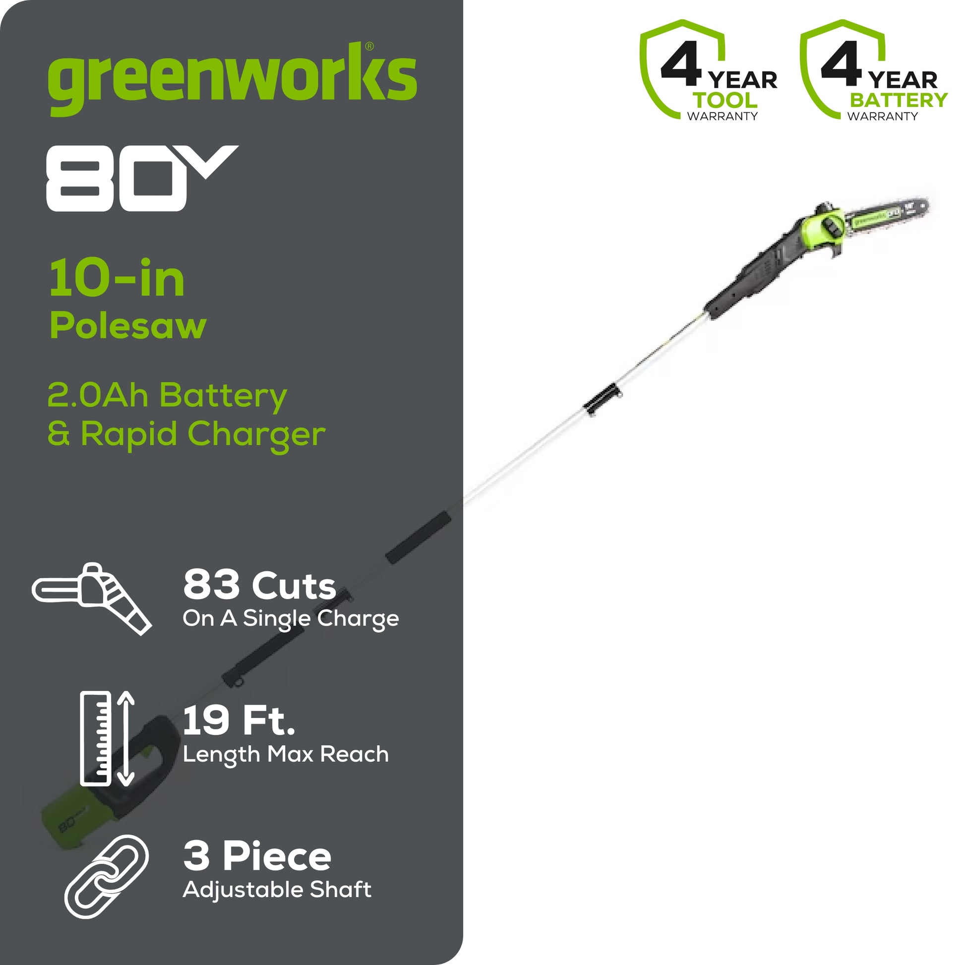 80V Cordless 10" Brushless Pole Saw w/ 2.0Ah Battery & Rapid Charger