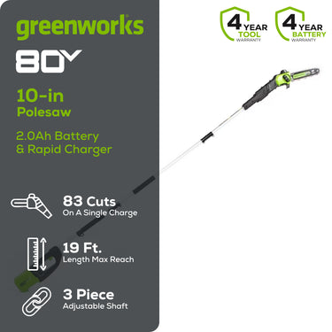 80V Cordless 10" Brushless Pole Saw w/ 2.0Ah Battery & Rapid Charger