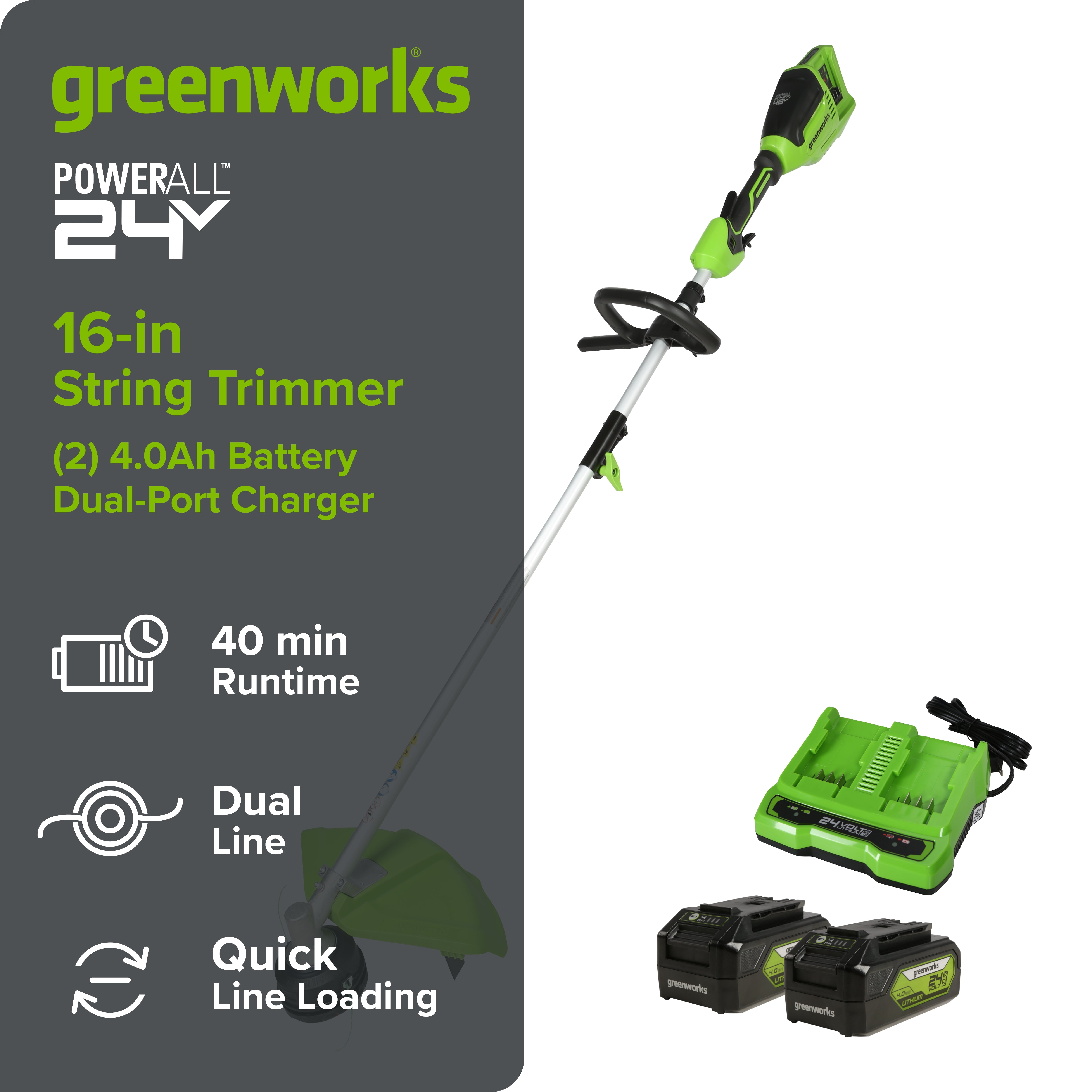 48V (24V x 2) 16" Cordless Battery String Trimmer (Attachment Capable) w/ (2) 4.0Ah USB Batteries & Dual Port Charger