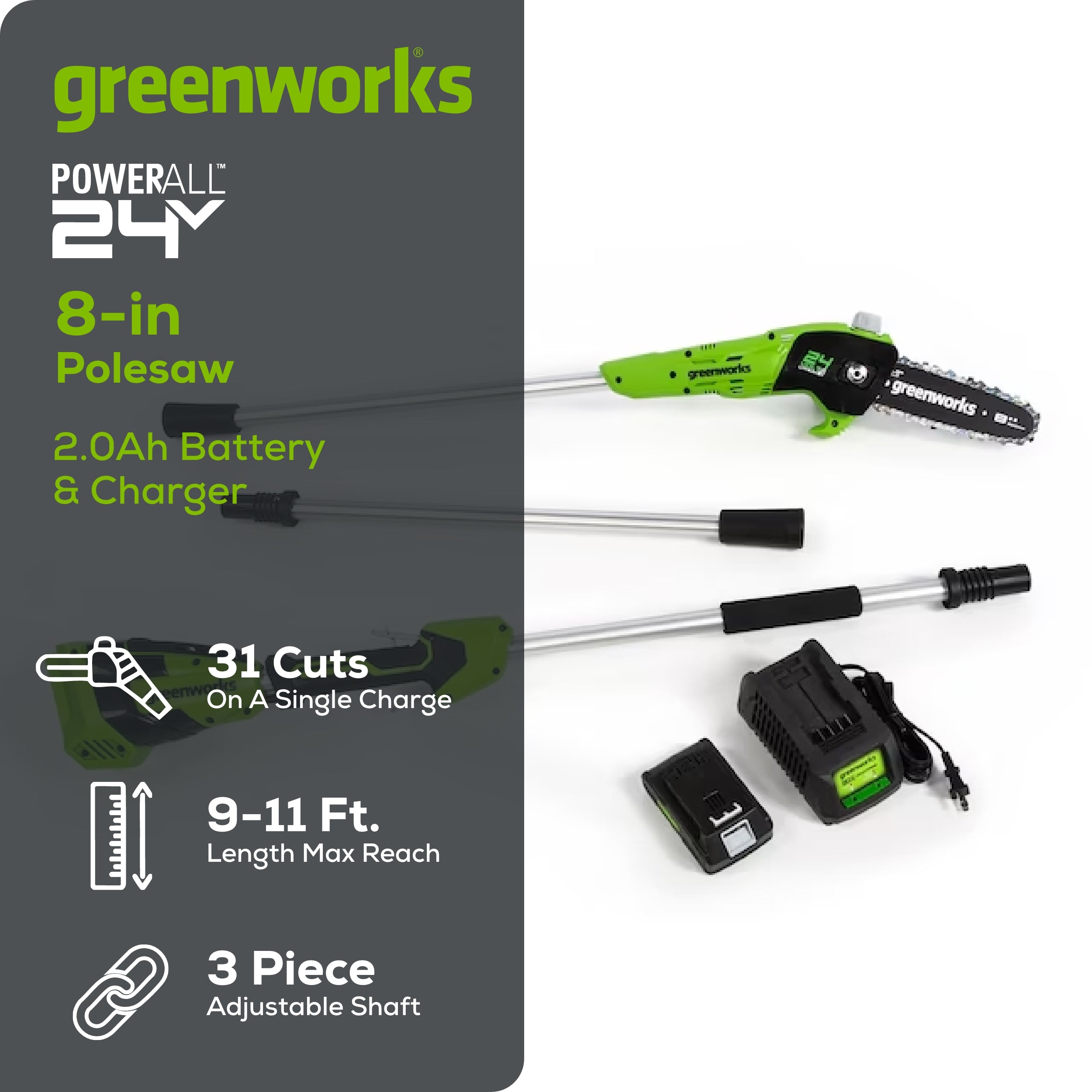 24V 8" Cordless Battery Pole Saw w/ 2.0 Ah Battery & Charger