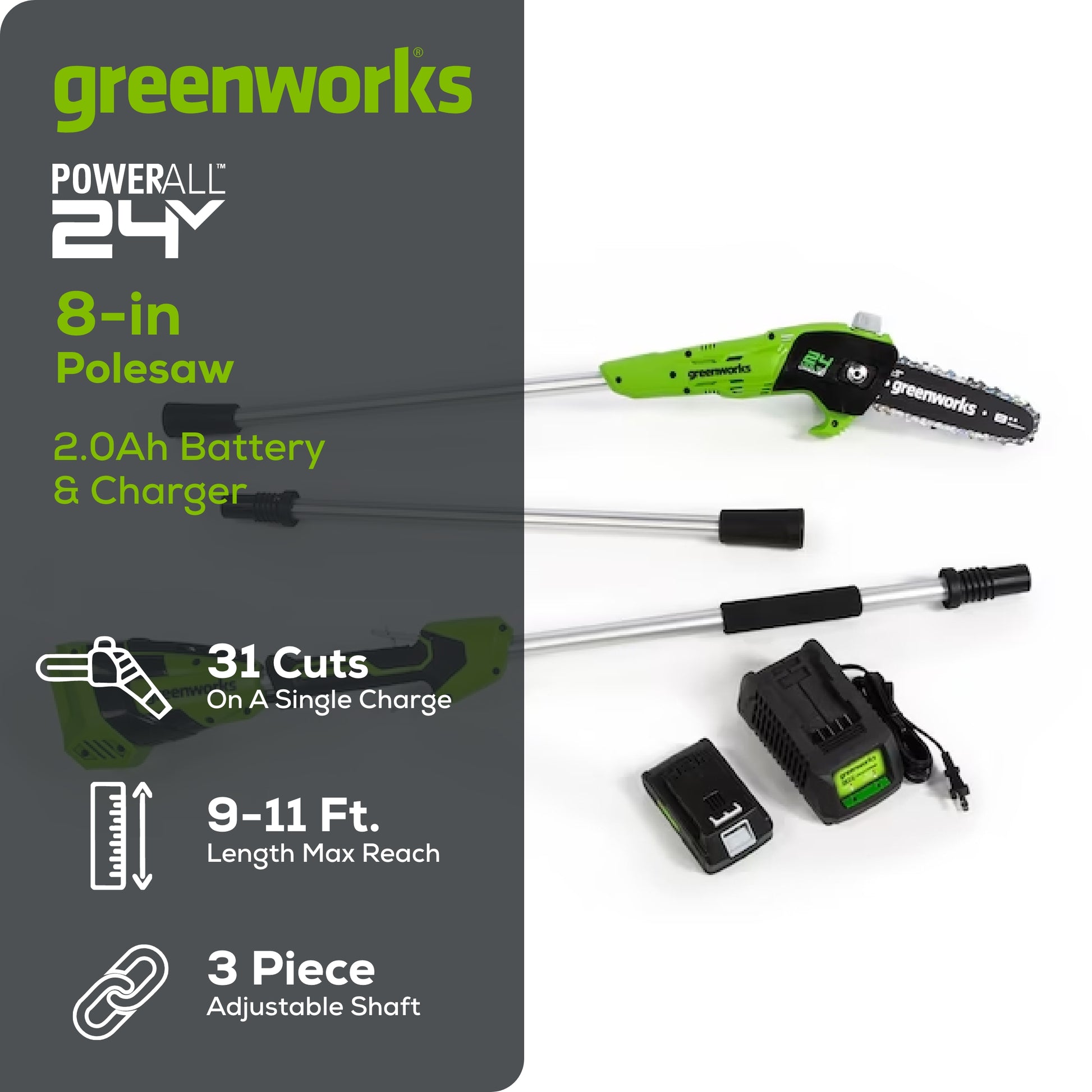 24V 8" Cordless Battery Pole Saw w/ 2.0 Ah Battery & Charger