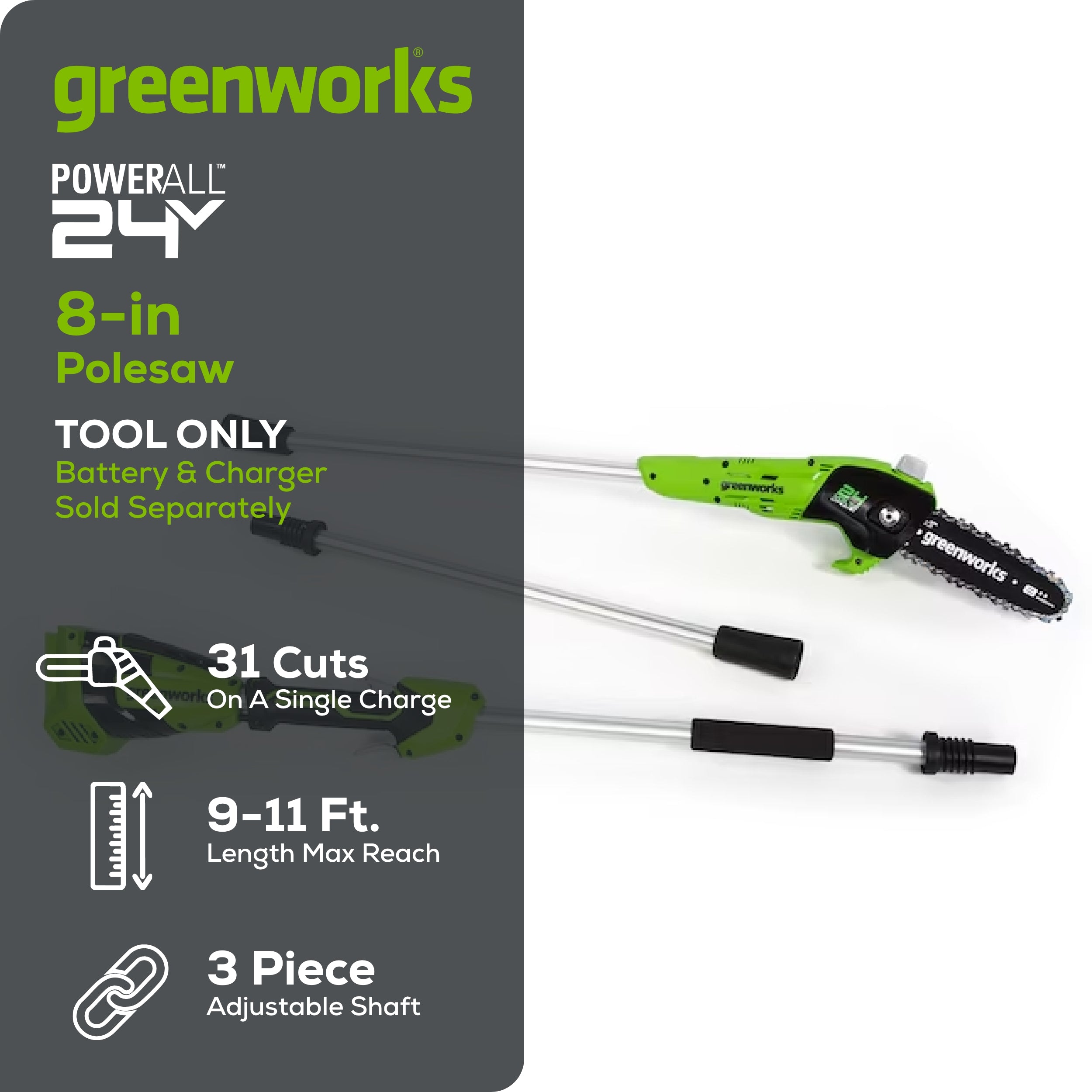 24V 8" Cordless Battery Pole Saw (Tool Only)