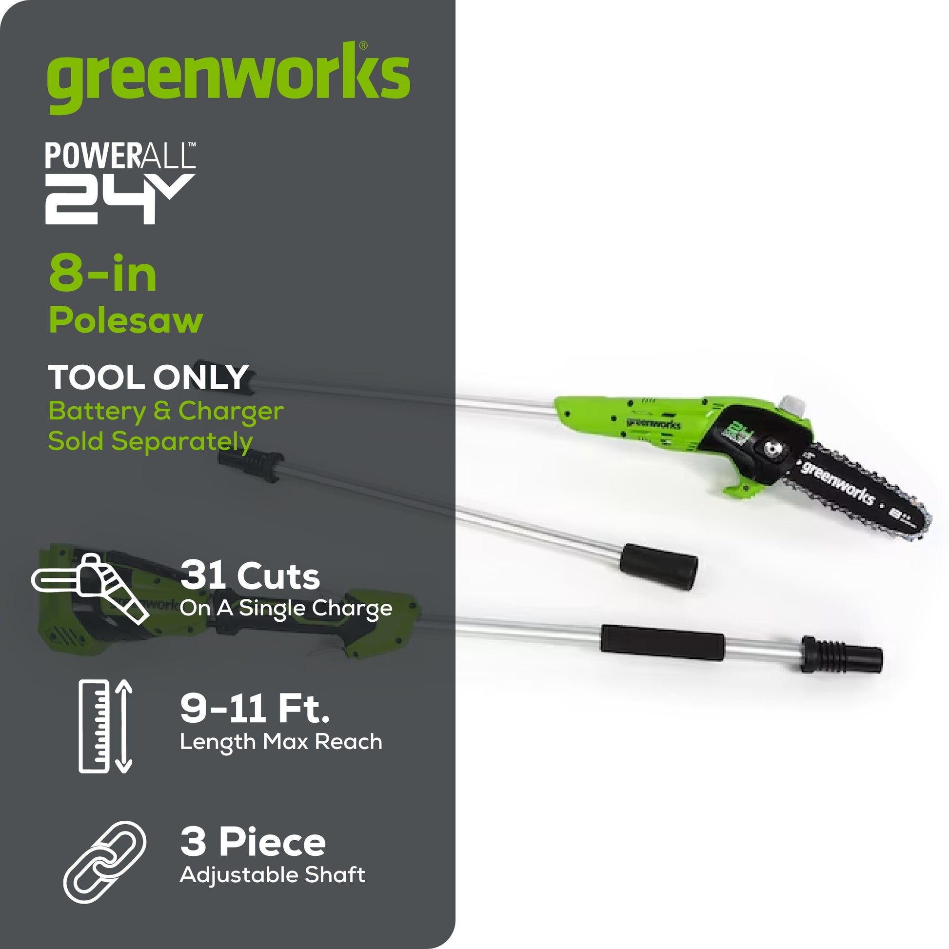 24V 8" Cordless Battery Pole Saw (Tool Only)