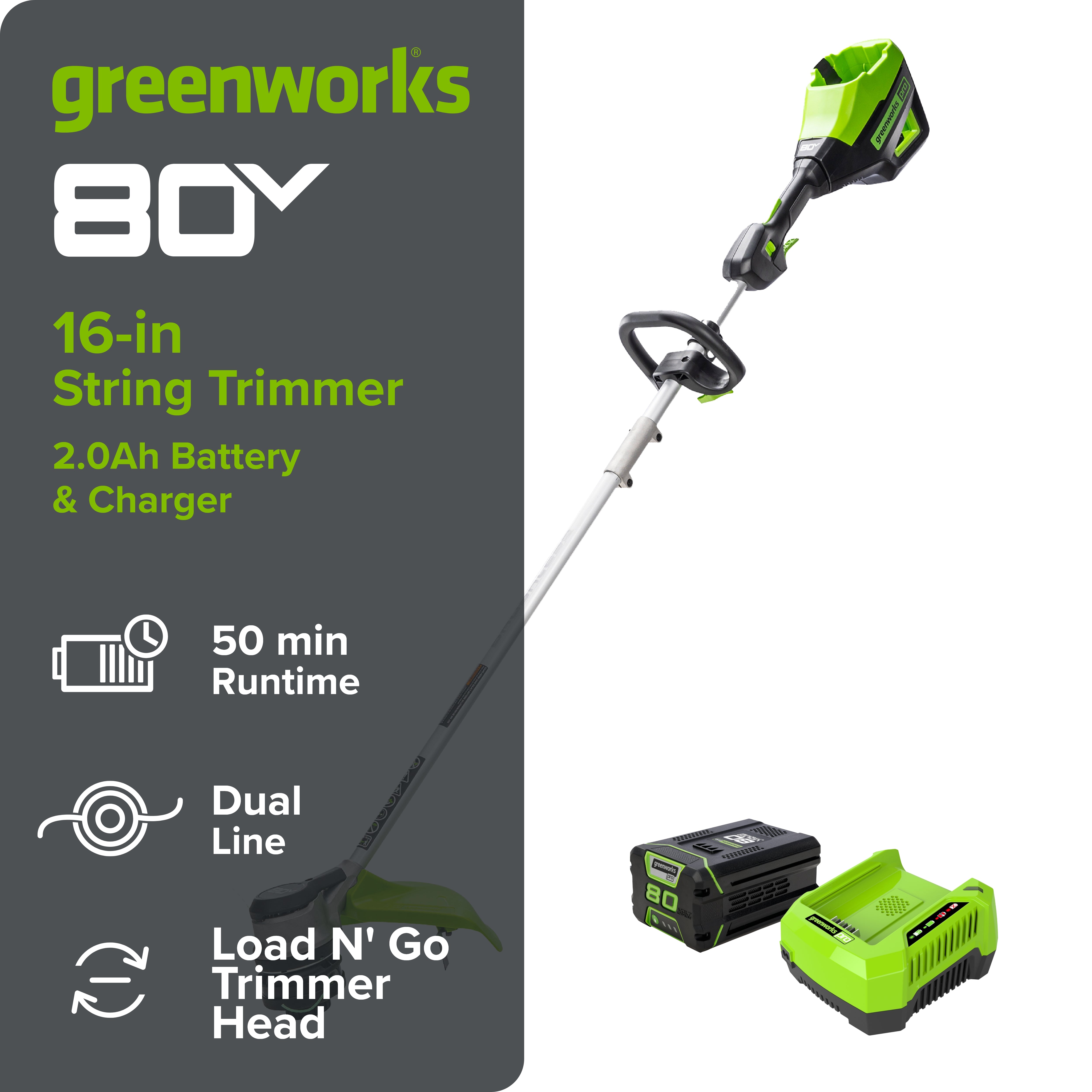 80V 16" Cordless Battery String Trimmer( .095 line) w/ 2.0 Ah Battery & 4.0Amp Charger