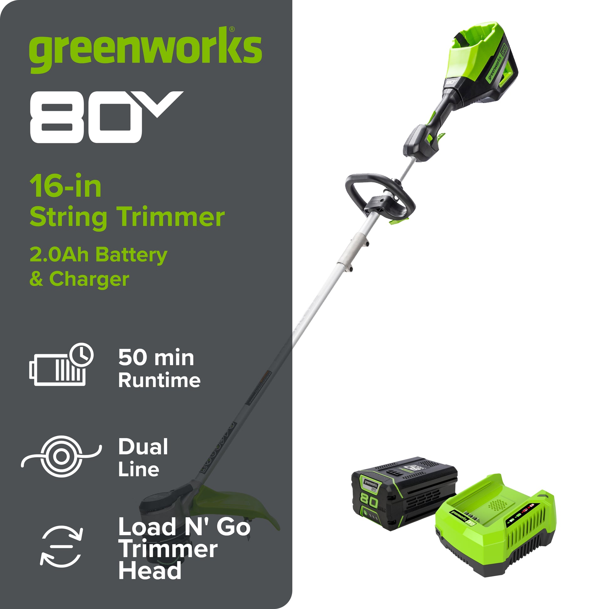 80V 16" Cordless Battery String Trimmer( .095 line) w/ 2.0 Ah Battery & 4.0Amp Charger