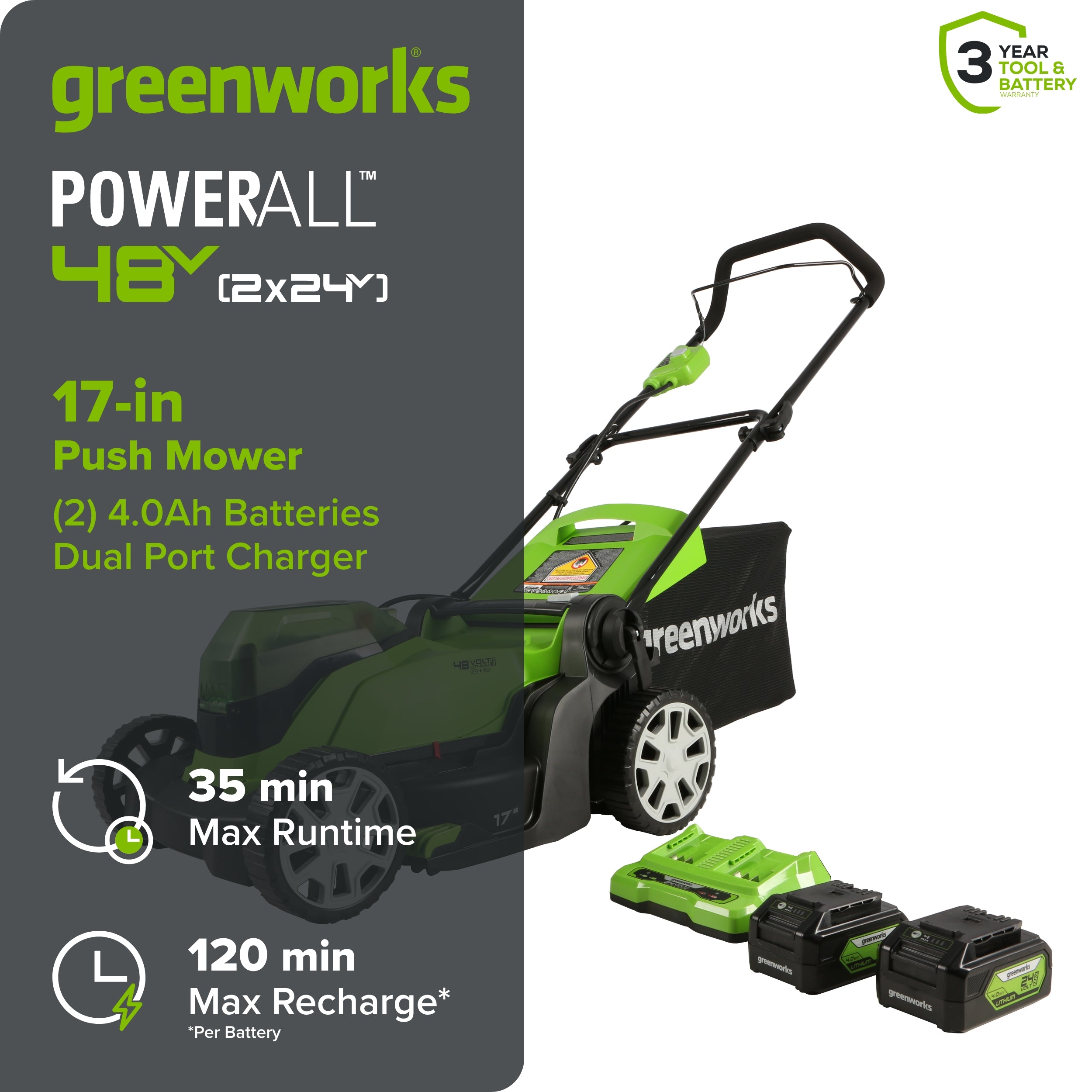 48V (24V x 2) 17" Cordless Battery Push Lawn Mower w/ Two (2) 4.0Ah USB Batteries & Dual Port Charger