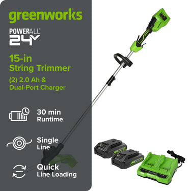 48V (24V x 2) 15" Cordless Battery TORQDRIVE™ String Trimmer w/ (2) 2.0Ah USB Batteries & Charger