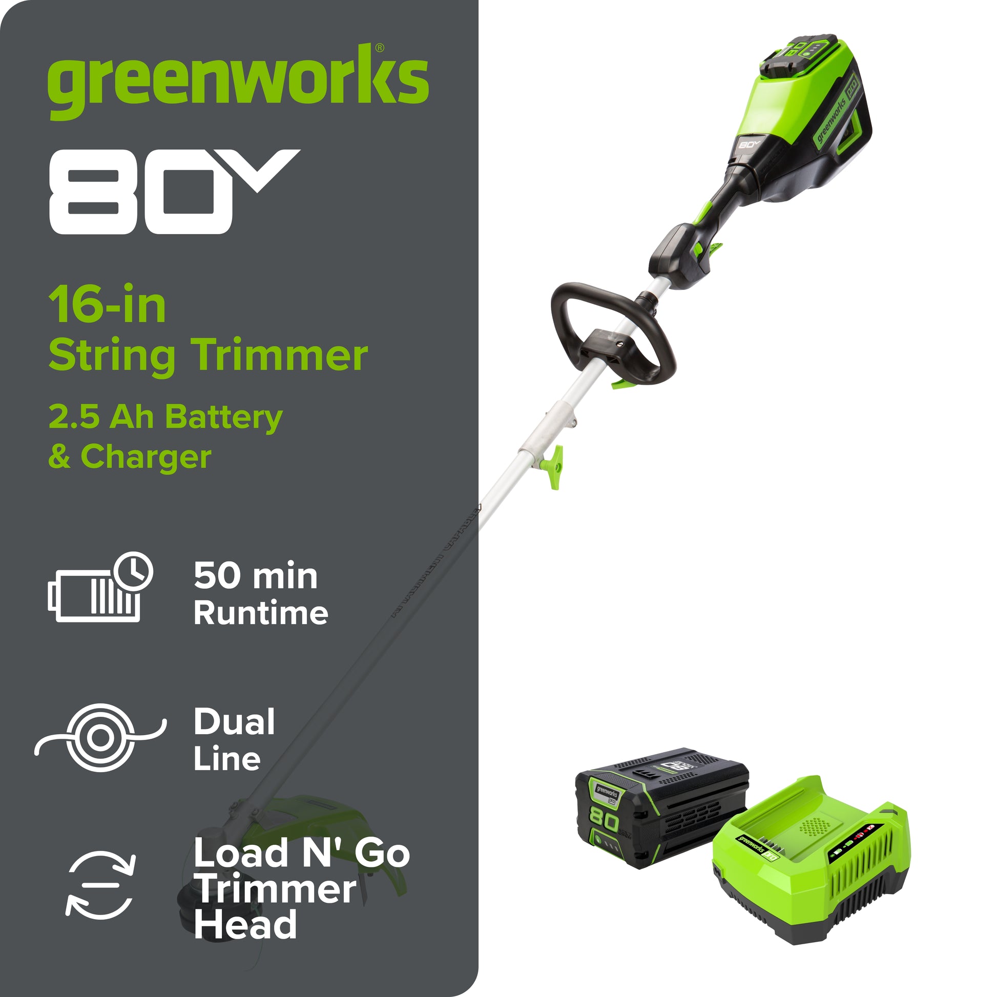 80V 16" Cordless Battery String Trimmer (Attachment Capable) w/ 2.5 Ah Battery & Charger